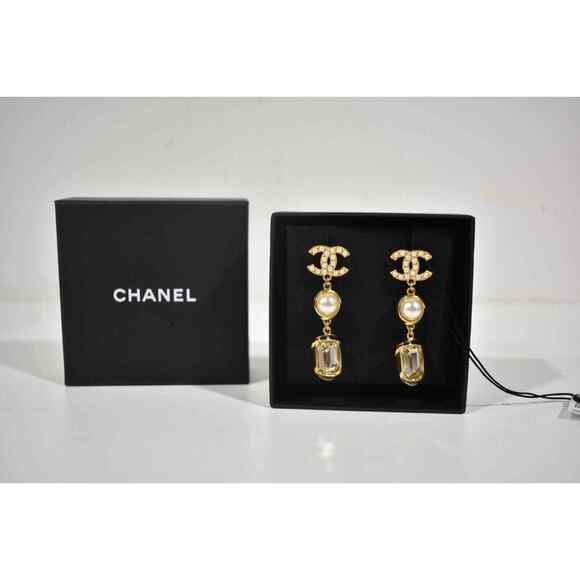 Chanel 22A Gold Pearl White Crystal XL Logo Large Dangle Drop Statement Earrings - Picture 2 of 12